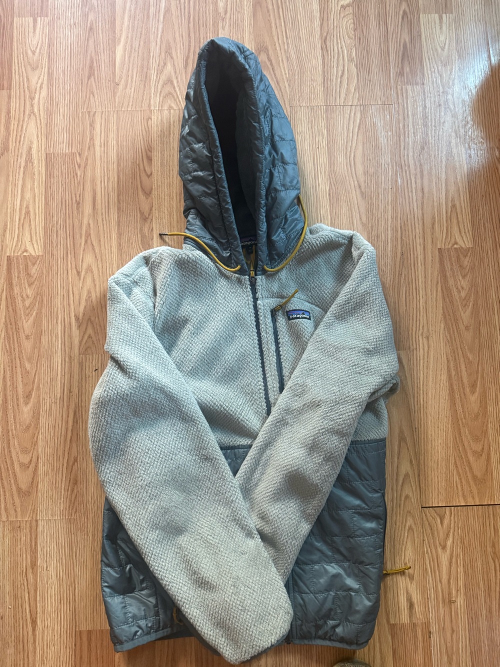 Patagonia Light Gray Fleece Hoodie with Slate Quilted Hood and Yellow Drawcords